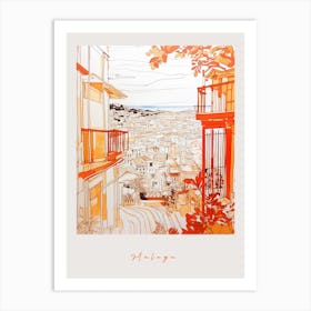 Malaga Spain Orange Drawing Poster Art Print