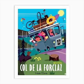 Col De La Forclaz Camper Van Poster Green & Blue Art Print