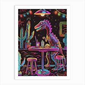 Neon Dinosaur In A Diner Art Print