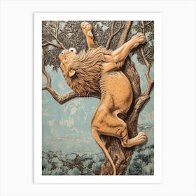 African Lion Relief Illustration Climbing A Tree 2 Art Print