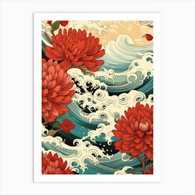Great Wave With Dahlia Flower Drawing In The Style Of Ukiyo E 4 Art Print