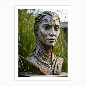 Portrait Sculpture Of A Weathered Human Face Entwined With Grass Wood Textures Enhance The Furrowed Art Print