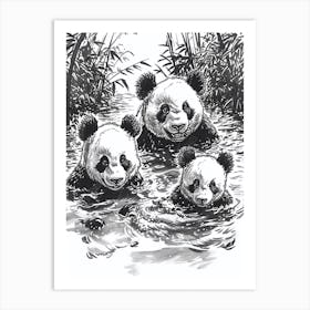 Giant Panda Family Swimming In A River Ink Illustration 2 Art Print