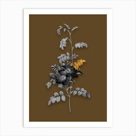 Vintage Alpine Rose Black and White Gold Leaf Floral Art on Coffee Brown n.0956 Art Print