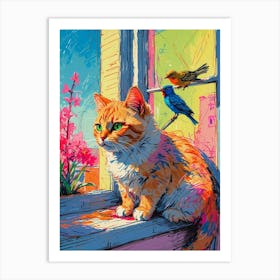 Cat And Birds On The Window Sill Art Print