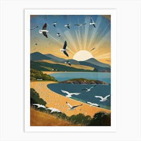 Seagulls Flying Over The Beach Art Print