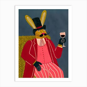 Hare Rabbit with Hat and Glass of Wine Art Print