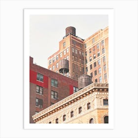 New York, USA I Roofs with water tanks in skyline with its minimalist industrial red brick new yorker loft architecture in a red aesthetic with the retro vintage style of old film photography Art Print