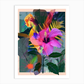 Hibiscus 3 Neon Flower Collage Art Print