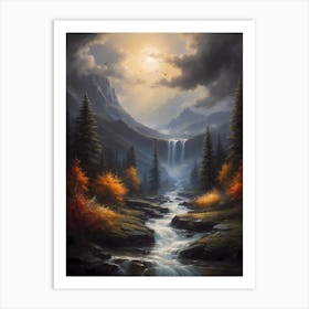 Waterfall In The Mountains Art Print