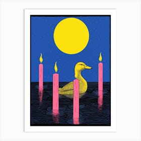 Duck Linocut Inspired With Candles Art Print