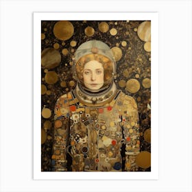 Woman Astronaut Klimt Style With Flowers 2 Art Print