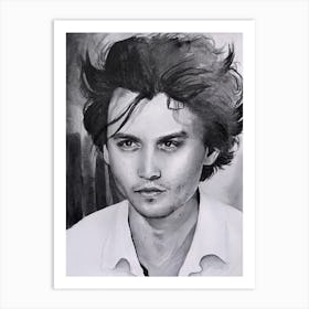 Watercolor portrait of Johnny Depp in black and white Art Print