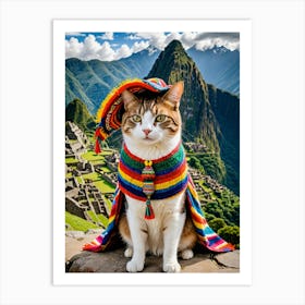 Feline Explorer: Snapshots from Iconic Destinations Machu Picchu Cat Art Print