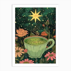 Green Tea With Flowers Art Print