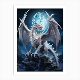 A White Dragon Flies In Front Of A Full Moon Art Print