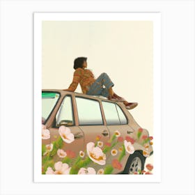 Woman Sitting On Brown Car Roof With Flowers Art Print