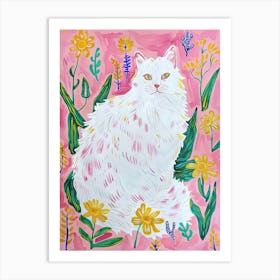 Cute Angora Cat With Flowers Illustration 4 Art Print