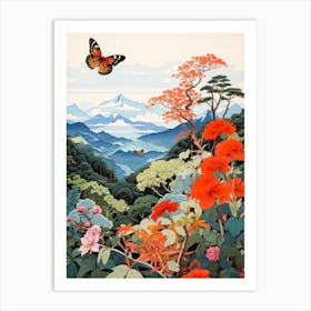 Butterfly With Mountaneous Landscape Japanese Style Painting 2 Art Print