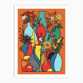 Abstract Colorful Flowers In Vases Art Print