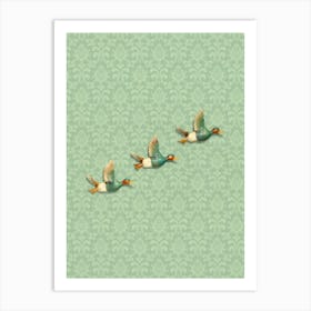 3 Ducks On A Wall With Green Baroque Wallpaper Art Print