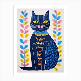 A Blue Cat in style of Gond Painting Art Print