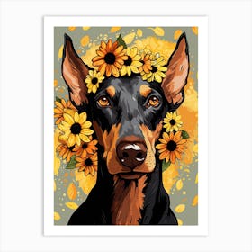 Doberman Pinscher Portrait With A Flower Crown, Matisse Painting Style 1 Art Print