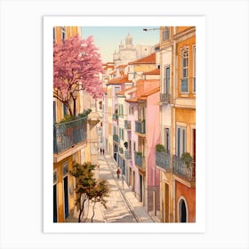 Lisbon Portugal 2 Vintage Pink Travel Illustration Art Print