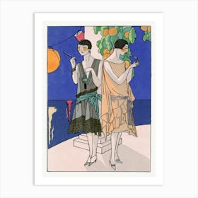 Two Young Women Smoking Cigarettes Through A Cigarette Holder (1926) Fashion Illustration In High Resolution By Premet And George Doeuillet Art Print