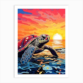 Comic Style Sea Turtle With The Sunset Art Print