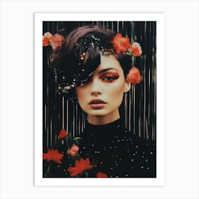 cosmic portrait of a woman with flowers stars on black background Art Print