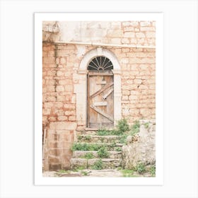 Puglia, Italy I Forbidden door in abandoned destroy wood of authentic architectural urbex building photography to the retro vintage pastel orange aesthetic of a Mediterranean countryside village in Baroque period Art Print