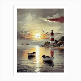 Lighthouse And Two Boats Art Print