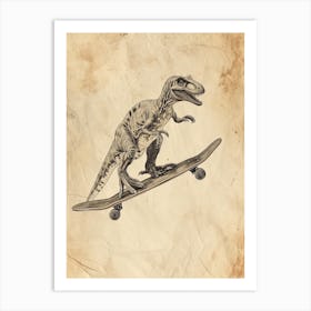 Vintage Compsognathus Dinosaur On A Skateboard 1 Art Print