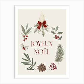 Joyeux Noel. Retro Watercolor Christmas Illustrations with Quote Art Print