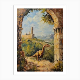 Dinosaur By The Castle Painting Art Print