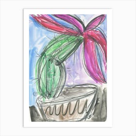 Blossoming Cactus - watercolor pencil vertical Art Print