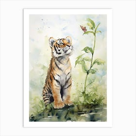 Tiger Illustration Birdwatching Watercolour 3 Art Print