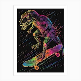 Neon Dinosaur Line Illustration On A Skateboard 3 Art Print