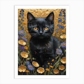 Klimt Style Black Kitten Cat in English Garden Wild Flowers Gold Leaf Painting - Gustav Klimt Monet Waterlillies HD High Resolution Poppies 2 Art Print