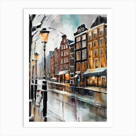 Amsterdam cafes, winter season, winter oil colors, pedestrians in the street, winter clothes, rain falling, Amsterdam print, Netherlands print, travel gift, Netherlands poster.60 Póster