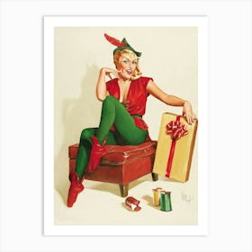 Pinup Sexy Elf With A Present For You Art Print