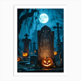 A Wooden Signboard Bathed In An Eerie Glow From A Full Moon Looming Ominously Above A Desolate Cem (5) Art Print