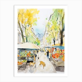 Food Market With Cats In Vienna 6 Watercolour Art Print