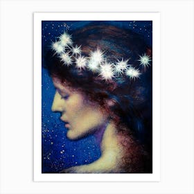 Night (Noc) 1912 by Edward Robert Hughes - British Painter Romanticism Pre-Raphaelitism Aestheticism Beautiful Goddess Fairy Angel Midnight Stars Celestial Oil Painting Remastered HD Art Print