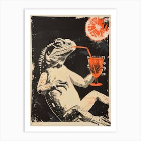 Lizard Drinking A Cocktail Block Print 2 Art Print