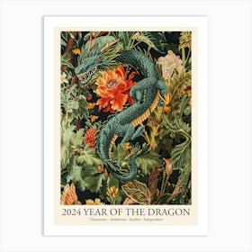 Lunar Year Of The Dragon 2024 Greend Dragon Art Chinese Zodiac Floral Botanical Art Print