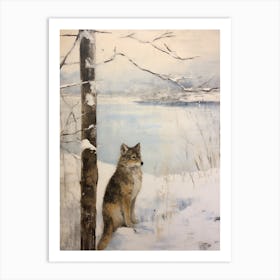 Vintage Winter Animal Painting Coyote 2 Art Print