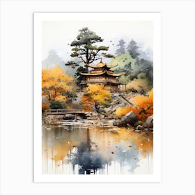 Kinkaku Ji (Golden Pavilion) In Kyoto, Japanese Brush Painting, Ukiyo E, Minimal 1 Art Print