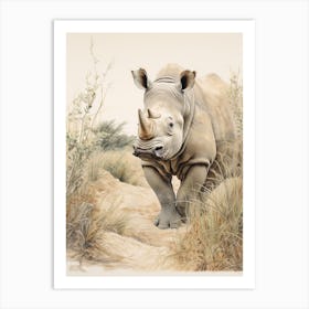 Rhino Walking Through Nature Vintage Illustration 3 Art Print
